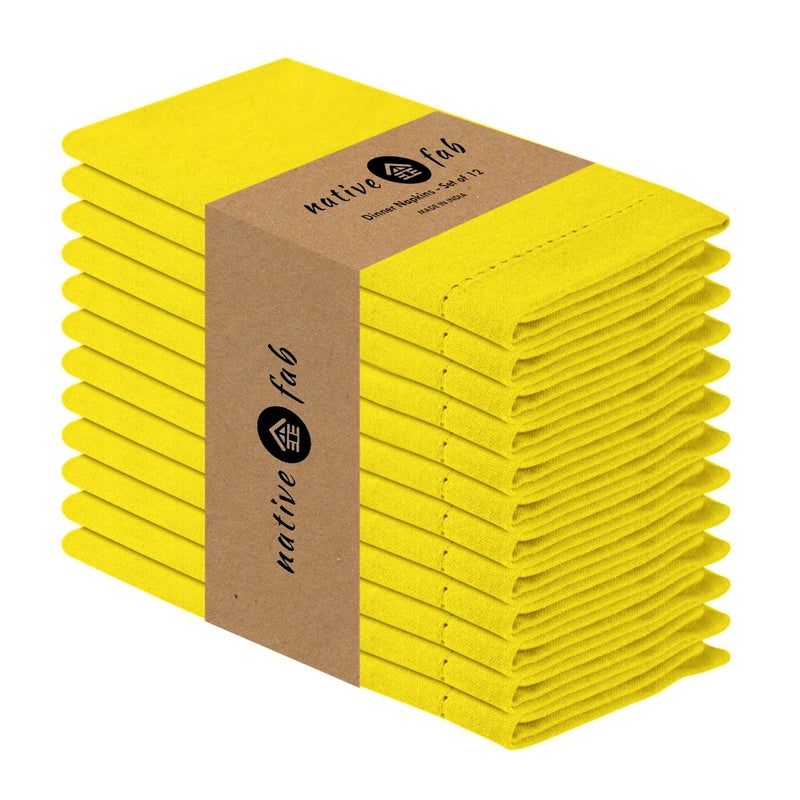 Native Fab Yellow Cloth Napkins, 100% Cotton, Set of 12, Hemstitch Corners, 18x18 inch, Soft, Durable, Reusable, Premium Hotel Quality - Events, Wedding, Table, Dinner Napkins - Lemon Yellow - Image 1